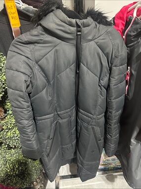 Guess Black Quilted Long Puffer Coat with Faux Fur Hood